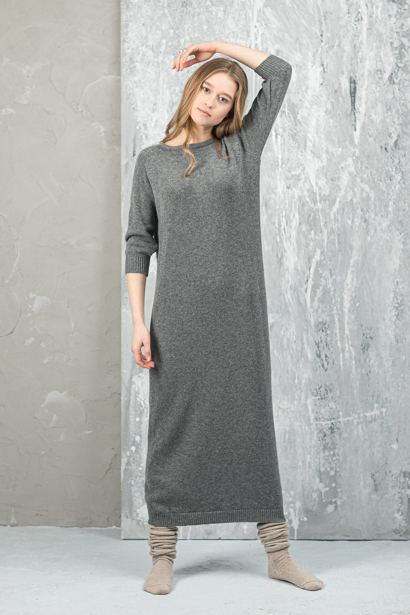 valg kalk Pine Wool and Cashmere Long Sweater Dress 3/4 sleeves – trikicashmere