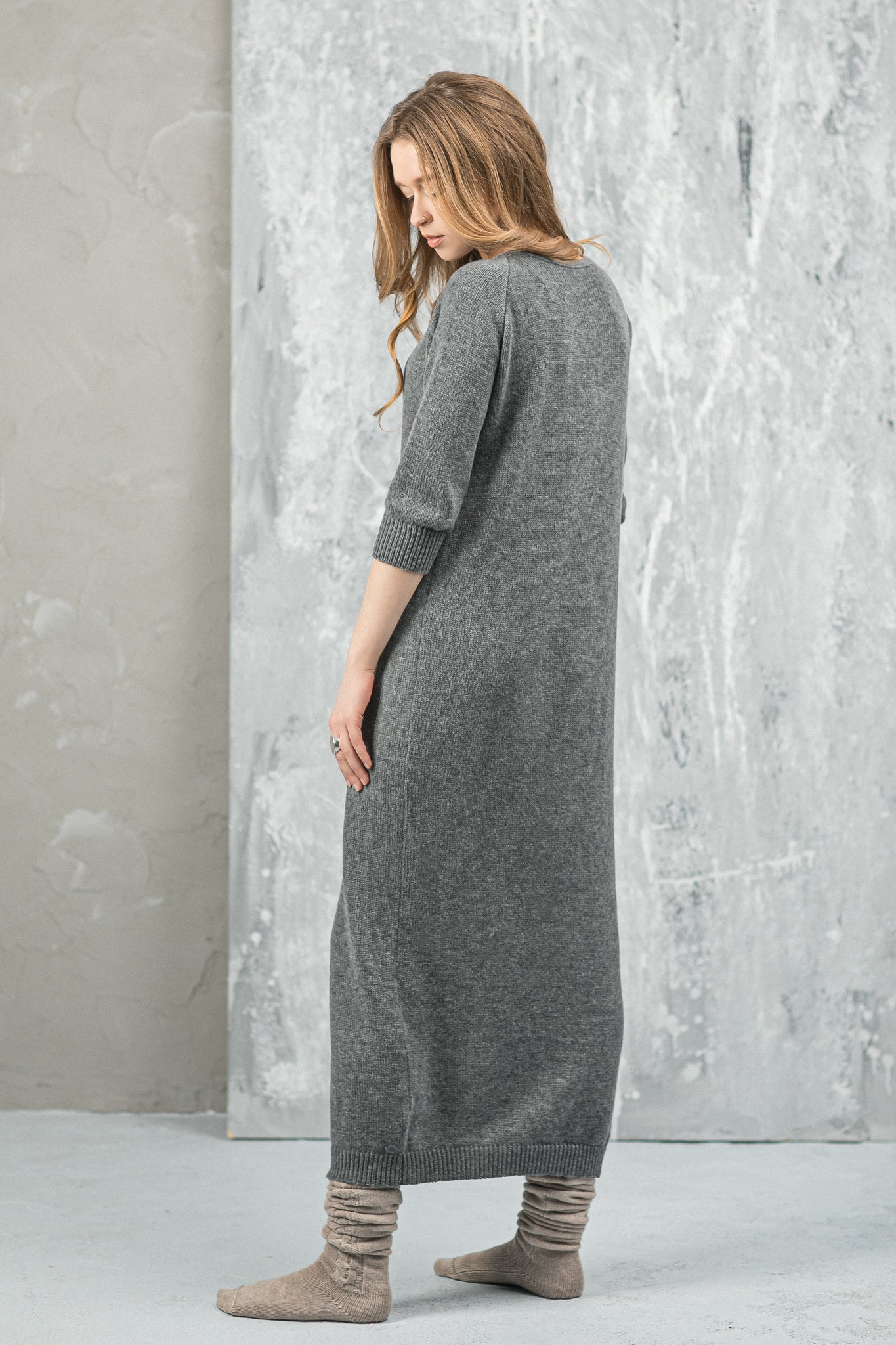 cashmere sweater dress Wool and Cashmere Long Sweater Dress 3/4 sleeves – trikicashmere