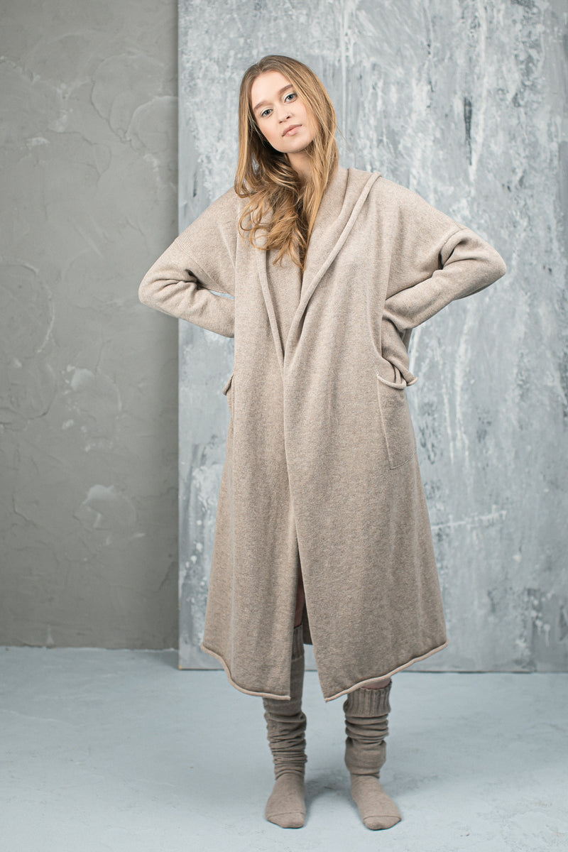 100%  Cashmere Hooded Long Cardigan with Pockets